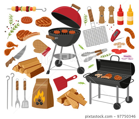 Cartoon bbq grill, roasted meat and vegetables. Barbecue party elements, grilled steak, sausages and bbq cooking tools flat vector illustration set. BBQ picnic collection Cartoon bbq grill, roasted meat and vegetables. Barbecue party elements, grilled steak, sausages and bbq cooking tools flat vector illustration set. BBQ picnic collection 97750346