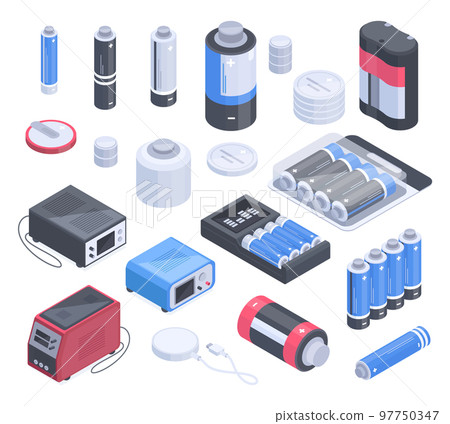 Isometric battery, charging plugs, power electricity elements. Energy power metallic alkaline accumulators 3d vector illustration set. Charging batteries collection 97750347