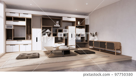 Idea Box Wall Shelves on minimal living room japandi style design. Idea Box Wall Shelves on minimal living room japandi style design. 97750380