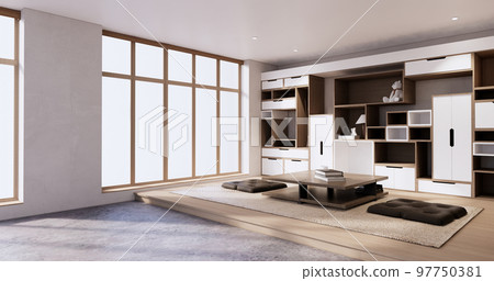 Idea Box Wall Shelves on minimal living room japandi style design. Idea Box Wall Shelves on minimal living room japandi style design. 97750381