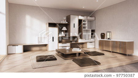 Idea Box Wall Shelves on minimal living room japandi style design. 97750387