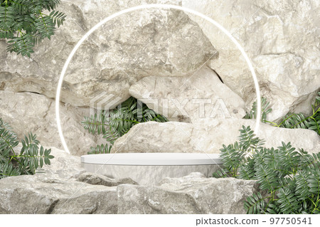 Rock stone white podium Blank product shelf standing backdrop. 97750541