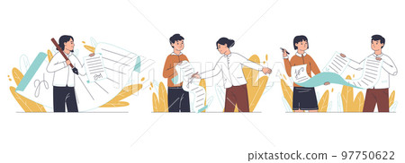 Online signature, business deal contract signing. Electronic signature, people signing official paper documents flat vector illustration. Business contract signing Online signature, business deal contract signing. Electronic signature, people signing official paper documents flat vector illustration. Business contract signing 97750622