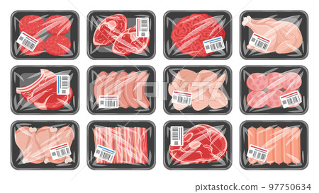 Cartoon frozen meat product in vacuum plastic packaging. Raw beef steak, chicken breast and sausages packed with polyethylene flat vector illustration set. Meat food on plastic trays 97750634