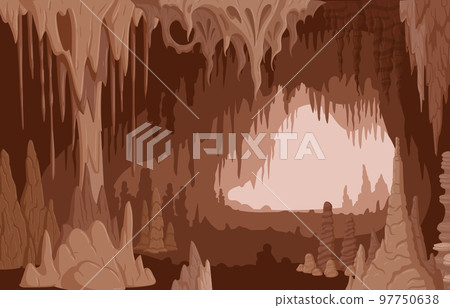 Cartoon cave, nature limestone stalactites and stalagmites. Geology mineral formations, growth natural rocks flat vector illustration. Cave limestone formations view Cartoon cave, nature limestone stalactites and stalagmites. Geology mineral formations, growth natural rocks flat vector illustration. Cave limestone formations view 97750638