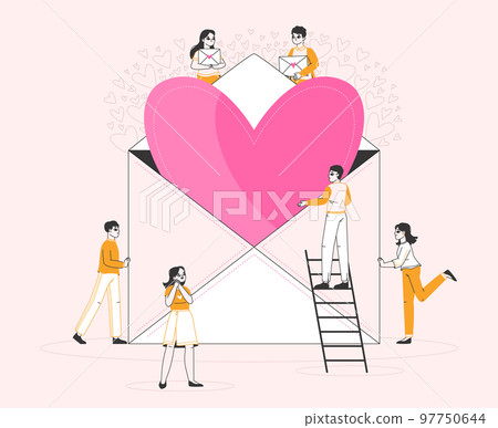 Love letter, sharing love, Valentines day concept. People sending letter, romantic love sharing, Valentines day post flat vector illustration. Characters sending love letter. 97750644