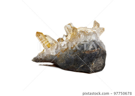Macro Mineral Stone Crystals Citrine on a white background 97750678