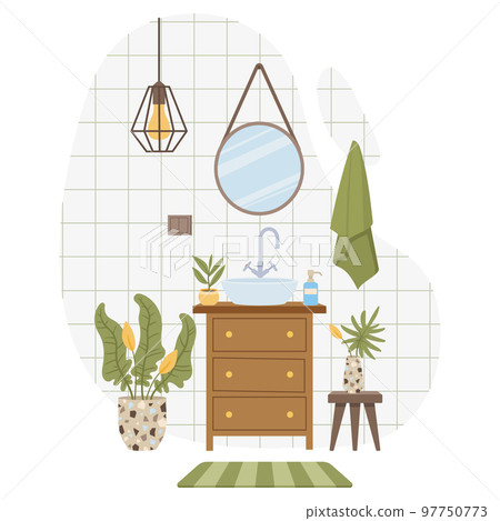 Bathroom interior, cartoon washroom. Modern bathroom interior, cosy bathroom decorated with plants flat illustration. Flat scandinavian bathroom scene Bathroom interior, cartoon washroom. Modern bathroom interior, cosy bathroom decorated with plants flat illustration. Flat scandinavian bathroom scene 97750773