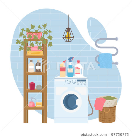 Bathroom interior, cartoon washroom. Modern bathroom interior, cosy bathroom decorated with plants flat illustration. Flat scandinavian bathroom scene Bathroom interior, cartoon washroom. Modern bathroom interior, cosy bathroom decorated with plants flat illustration. Flat scandinavian bathroom scene 97750775