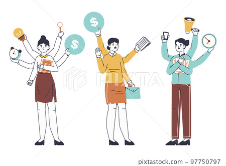 Multitasking women, busy female office workers. Flat productive business lady, professional multitasking characters doing many things flat vector illustration set. Juggle business woman Multitasking women, busy female office workers. Flat productive business lady, professional multitasking characters doing many things flat vector illustration set. Juggle business woman 97750797