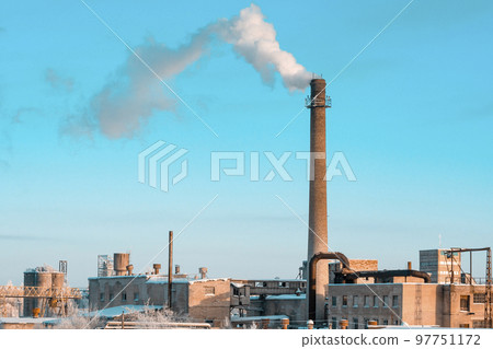 Steam pipe of the central boiler plant in a frozen winter day 97751172
