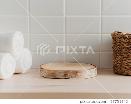 Natural round podium for bathing products in bathroom 97751342