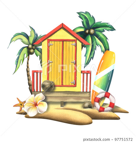 A wooden, striped, beach house with a surfboard, coconuts, a lifebuoy on a tropical island on the white background. Watercolor illustration. Composition from the SURFING collection 97751572