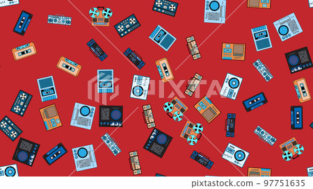 Seamless pattern endless with music audio tech electronics equipment old retro vintage hipster from 70s, 80s, 90s isolated on red background. Vector illustration 97751635