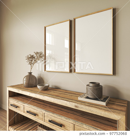 Commode with decor in farmhouse living room interior. Light beige wall mock up background. Empty picture frame. 3d render. High quality 3d illustration 97752068