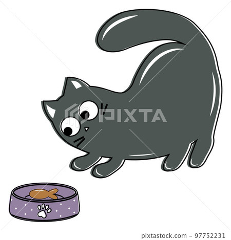 Cute cat with a bowl of food, color vector illustration in doodle style 97752231