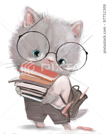 cute kitten character with lot of books 97752309