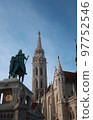 Fisherman's bastion with equestrian statue of St. Stephen in Budapest, vertical photo 97752546