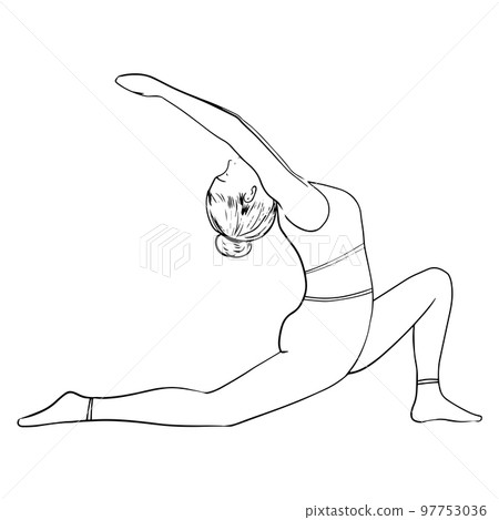 Vector illustration of woman practicing yoga. Self care training, balance, meditation. Hand drawn doodle of stratch postures. 97753036