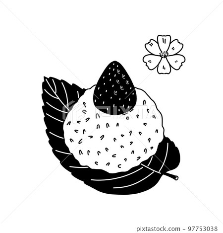 Hand drawn asian food. Vector illustration of japanese rice dessert on leaf with sakura flower. Hand drawn asian food. Vector illustration of japanese rice dessert on leaf with sakura flower. 97753038