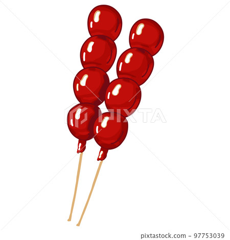 Hand drawn asian candied fruits. Vector illustration of caramel dessert on stick. Japanese ringo ame or anzu ame. 97753039