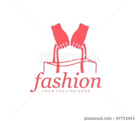 Hands holding a bag, woman or girl, fashion and accessories, logo design. Shopping and purchases, handbag or paper bag, bag canvas fabric with handle, vector design and illustration 97753043