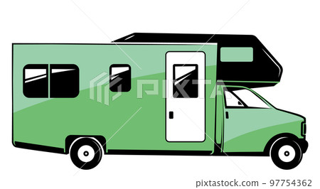 Rv trailer icon. Green camper. Mobile house transport Rv trailer icon. Green camper. Mobile house transport 97754362