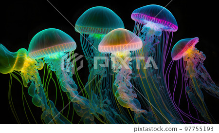 glowing sea jellyfishes on dark background, neural network generated art 97755193
