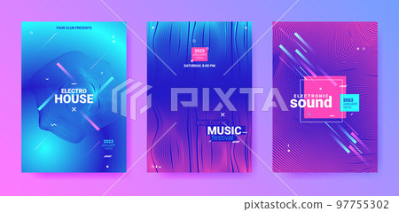 Dance Posters. Electronic Sound Cover. Techno Party Flyer. Vector 3d Background. Futuristic Abstract Dance Poster. Minimal Festiv Illustration. Gradient Distort Lines. Abstract Dance Poster Set. 97755302