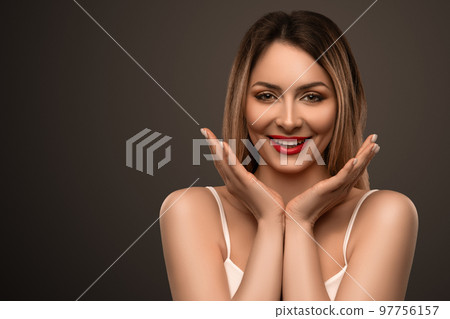 Beautiful flirty woman. Clear skin. SPA concept. Natural beauty. Stylish model Beautiful flirty woman. Clear skin. SPA concept. Natural beauty. Stylish model 97756157