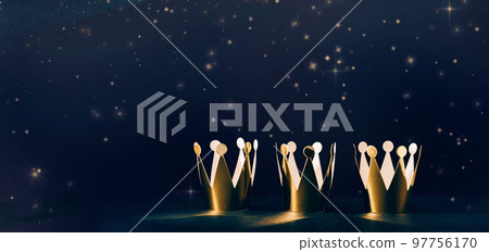 three shiny crowns and a star in the sly. Epiphany and three kings hilgay calabration night banner 97756170