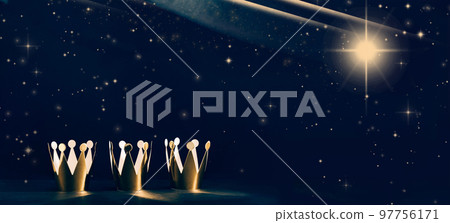 three shiny crowns and a star in the sly. Epiphany and three kings hilgay calabration night banner three shiny crowns and a star in the sly. Epiphany and three kings hilgay calabration night banner 97756171