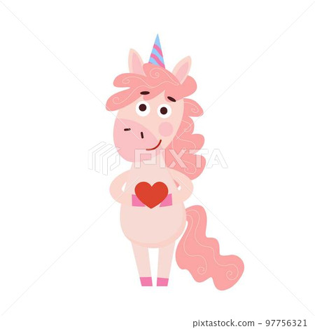 Cute happy cartoon Unicorn hold red Heart on a white background 97756321