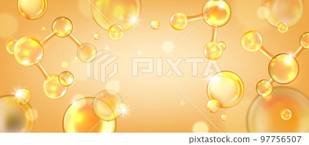 Gold collagen background, peptide molecule background, 3D jojoba oil lab cosmetic science banner.  97756507