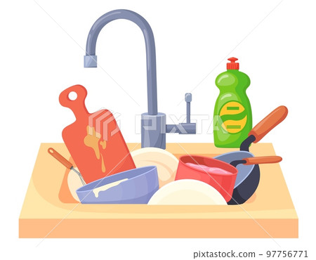 Dirty dishes in sink. Cartoon messy kitchen wash 97756771