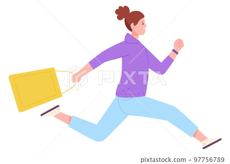 Young woman running with shopping bag. Hurrying for sale Young woman running with shopping bag. Hurrying for sale 97756789