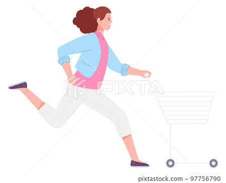 Woman running with supermarket cart. Person hurrying for shopping Woman running with supermarket cart. Person hurrying for shopping 97756790