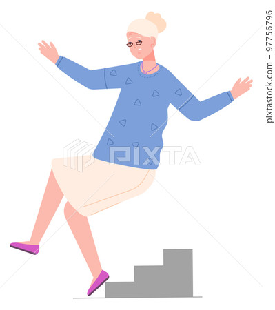 Old woman stumble on stairs. Senior fall over 97756796