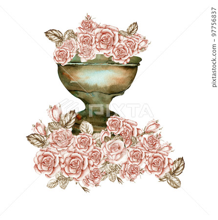 Watercolor illustration of rusty element with roses. An old rusty enamel element. Hand-drawn in watercolour on a white background. Perfect for wedding invitation, greetings card, posters, party decor. 97756837