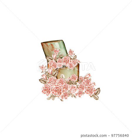 Watercolor illustration of rusty element with roses. An old rusty enamel element. Hand-drawn in watercolour on a white background. Perfect for wedding invitation, greetings card, posters, party decor. 97756840