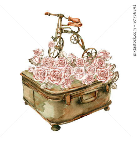 Watercolor illustration of rusty element with roses. An old rusty enamel element. Hand-drawn in watercolour on a white background. Perfect for wedding invitation, greetings card, posters, party decor. Watercolor illustration of rusty element with roses. An old rusty enamel element. Hand-drawn in watercolour on a white background. Perfect for wedding invitation, greetings card, posters, party decor. 97756841