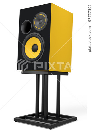 Hi-fi speakers with loudspeakers on stand on white background. 97757592