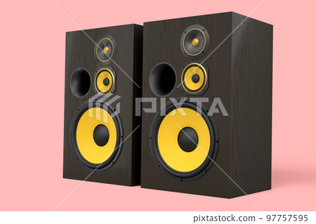 Hi-fi speakers with loudspeakers for sound recording studio on pink background. 97757595