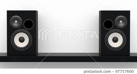 Hi-fi speakers with loudspeakers for sound recording studio on white background. 97757600