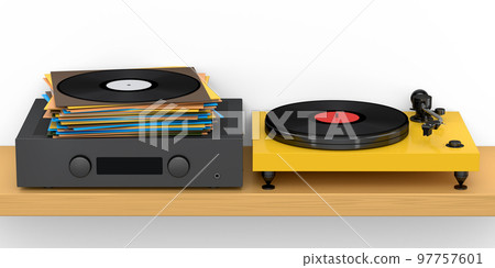 HiFi system with turntable and amplifier for home theater on white background. 97757601