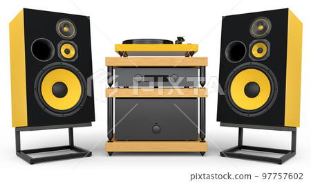 Set of Hi-fi speakers and DJ turntable for sound recording studio on white. 97757602