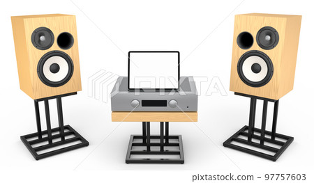 Set of Hi-fi speakers and DJ turntable for sound recording studio on white. 97757603