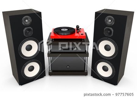 Set of Hi-fi speakers and DJ turntable for sound recording studio on white. 97757605