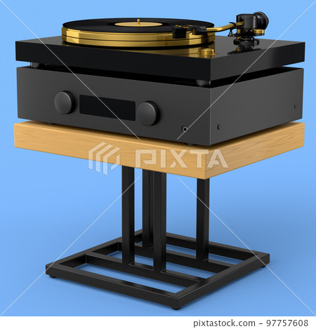 HiFi system with DJ turntable and amplifier on stand for home theater on blue. HiFi system with DJ turntable and amplifier on stand for home theater on blue. 97757608