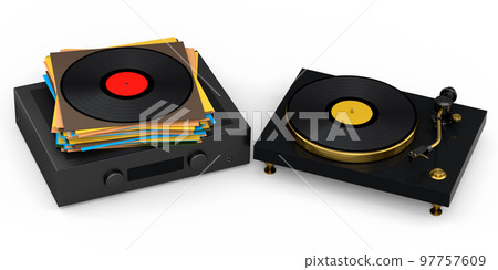 HiFi system with turntable and amplifier for home theater on white background. HiFi system with turntable and amplifier for home theater on white background. 97757609